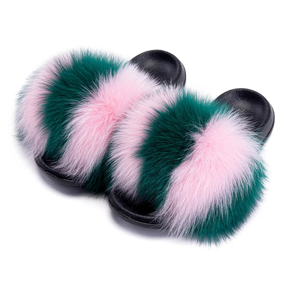 MPPM Real Fox Fur Slides for Women Luxury Designer Sandals On Summer Furry Slippers Flip Flops Shoes Plus Size Shoes