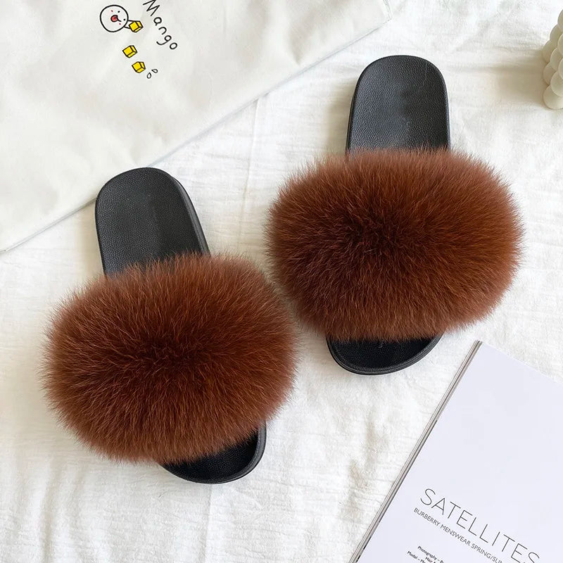 MPPM Real Fox Fur Slides for Women Luxury Designer Sandals On Summer Furry Slippers Flip Flops Shoes Plus Size Shoes