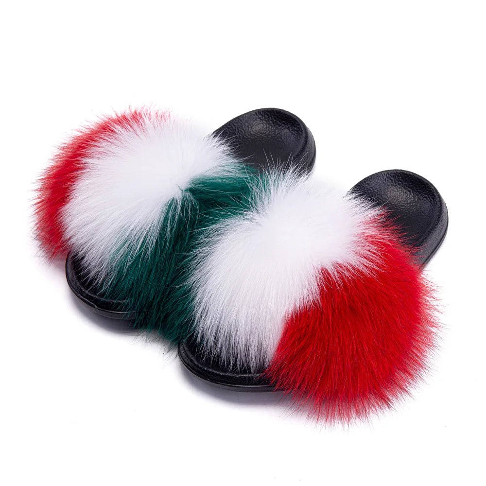 MPPM Real Fox Fur Slides for Women Luxury Designer Sandals On Summer Furry Slippers Flip Flops Shoes Plus Size Shoes
