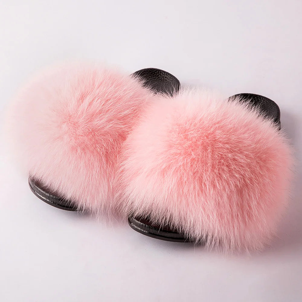 MPPM Real Fox Fur Slides for Women Luxury Designer Sandals On Summer Furry Slippers Flip Flops Shoes Plus Size Shoes